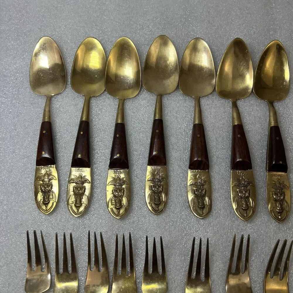 VTG Siam MCM THAILAND BUDDHA BRONZEWARE BRASS 18PC SET Fruit Fork Dessert Spoons
